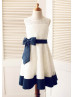 Ivory Lace With Navy Blue Bow Sash Knee Length Flower Girl Dress